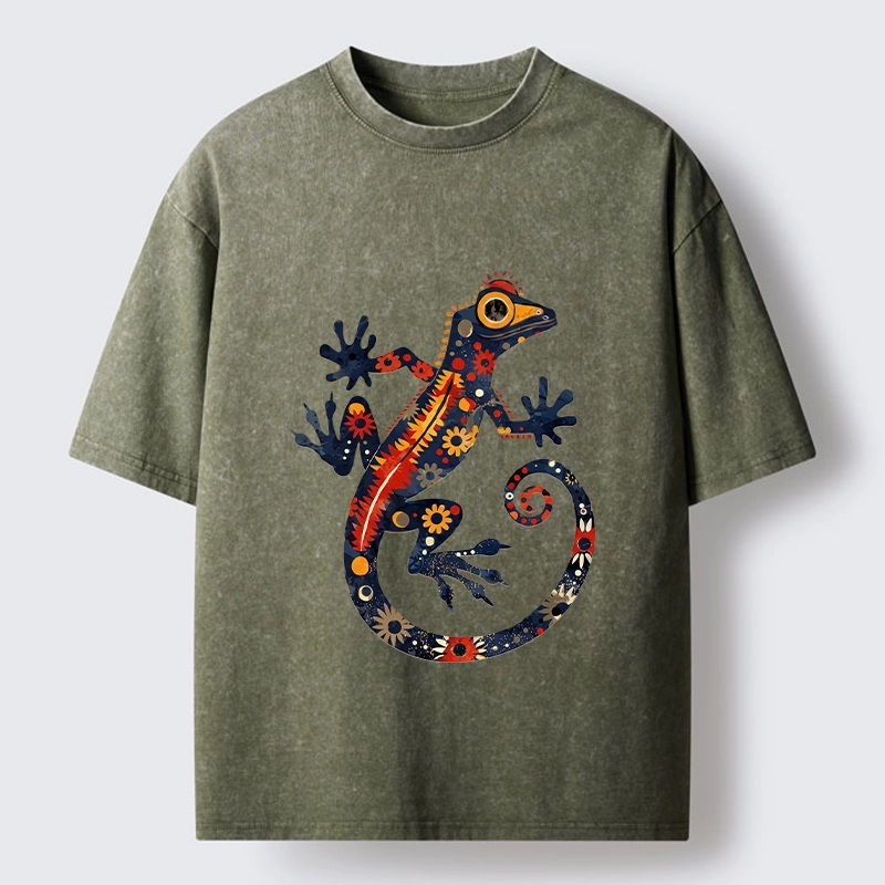 Tokyo-Tiger Colorful Folk Art Gecko Full Of Flowers Washed T-Shirt