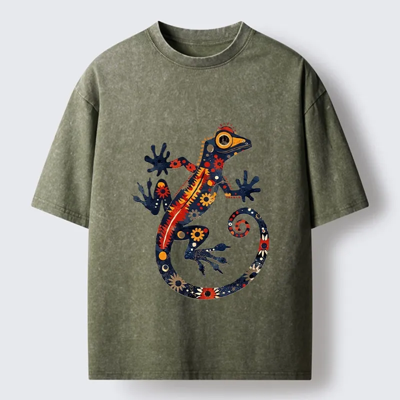 Tokyo-Tiger Colorful Folk Art Gecko Full Of Flowers Washed T-Shirt