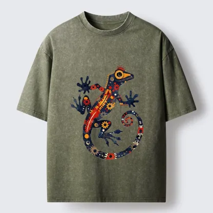 Tokyo-Tiger Colorful Folk Art Gecko Full Of Flowers Washed T-Shirt