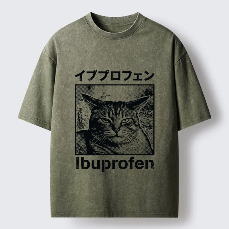 Tokyo-Tiger Tough Cat Loves Ibuprofen Pain Relief Washed T-Shirt