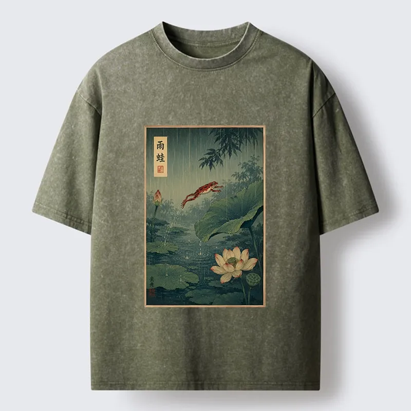 Tokyo-Tiger Vintage Asian Frog Jump Over Lotus Leaf Washed T-Shirt