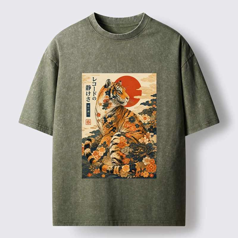 Tokyo-Tiger Vintage Floral Tiger Japanese Spring Art Washed T-Shirt
