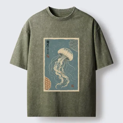 Tokyo-Tiger Vintage Blue Jellyfish Underwater Art Washed T-Shirt