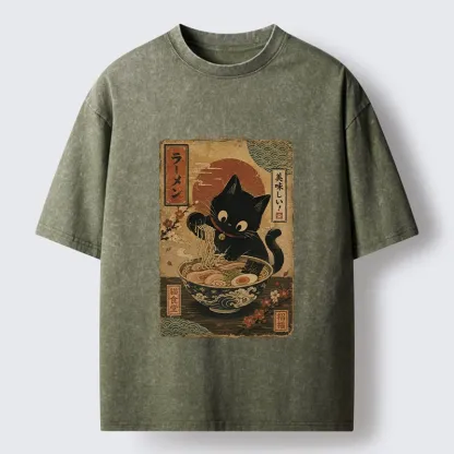 Tokyo-Tiger Japanese Cat Ramen Shop Poster Washed T-Shirt