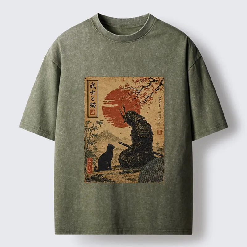 Tokyo-Tiger Samurai And Black Cat Mountain Washed T-Shirt