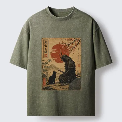 Tokyo-Tiger Samurai And Black Cat Mountain Washed T-Shirt