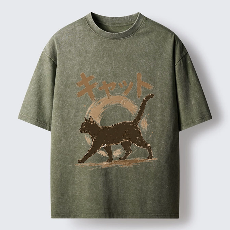 Tokyo-Tiger Retro Brush Stroke Black Cat Walking Washed T-Shirt