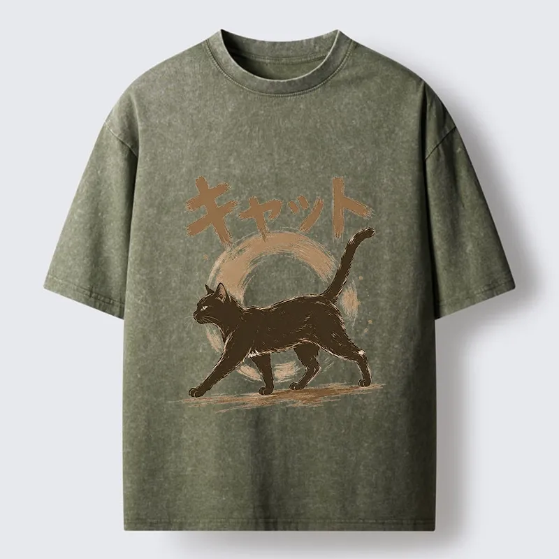 Tokyo-Tiger Retro Brush Stroke Black Cat Walking Washed T-Shirt