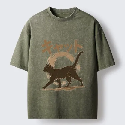 Tokyo-Tiger Retro Brush Stroke Black Cat Walking Washed T-Shirt