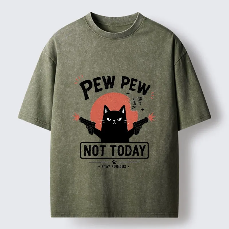Tokyo-Tiger Not Today Black Cat Dual Pistols Mode Washed T-Shirt