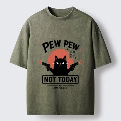Tokyo-Tiger Not Today Black Cat Dual Pistols Mode Washed T-Shirt
