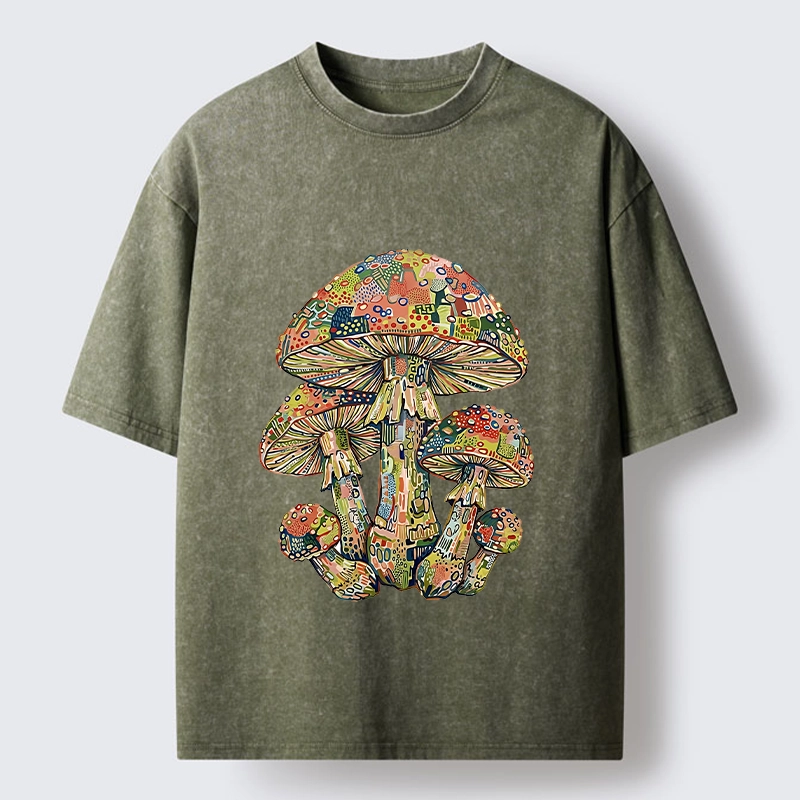 Tokyo-Tiger Tiny Black Cat Under Wild Rainbow Mushrooms Washed T-Shirt