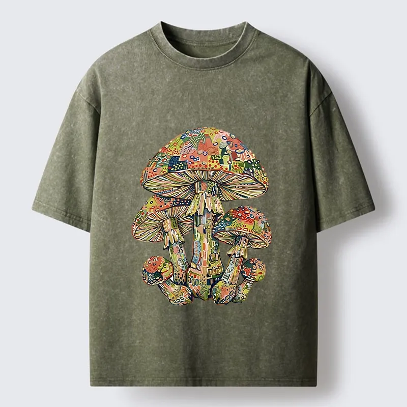 Tokyo-Tiger Tiny Black Cat Under Wild Rainbow Mushrooms Washed T-Shirt
