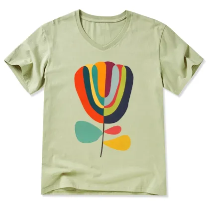 Tokyo-Tiger Colorful Flower Minimalist Print V-Neck Classic T-Shirt