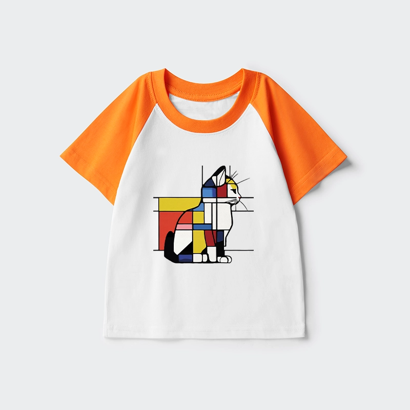 Tokyo-Tiger Geometric Cat Art In Primary Colors Kids Raglan T-shirt