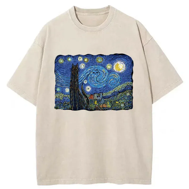Tokyo-Tiger Cat Under The Starry Night Washed T-Shirt