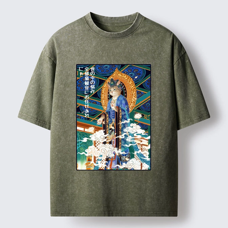 Tokyo-Tiger Peaceful Cat Buddha Asian Graphic Washed T-Shirt