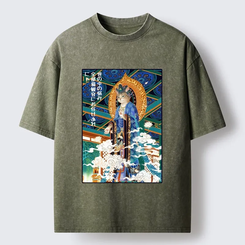 Tokyo-Tiger Peaceful Cat Buddha Asian Graphic Washed T-Shirt