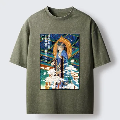 Tokyo-Tiger Peaceful Cat Buddha Asian Graphic Washed T-Shirt