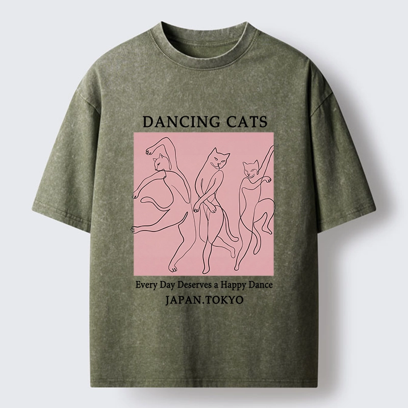 Tokyo-Tiger Happy Dance Cats Minimal Graphic Washed T-Shirt