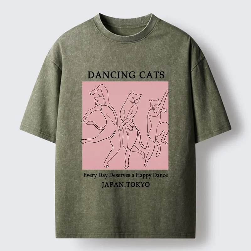 Tokyo-Tiger Happy Dance Cats Minimal Graphic Washed T-ShirtSale