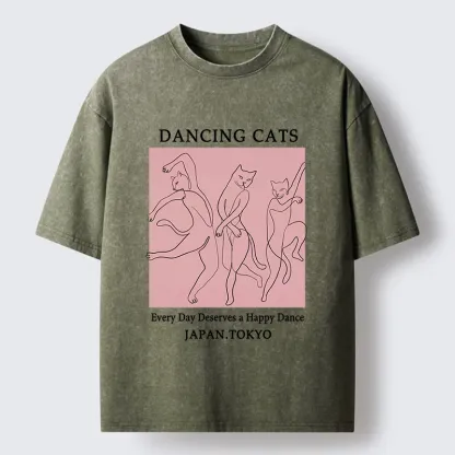 Tokyo-Tiger Happy Dance Cats Minimal Graphic Washed T-Shirt