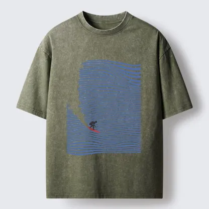 Tokyo-Tiger Ocean Line Surf Graphic Print Washed T-Shirt