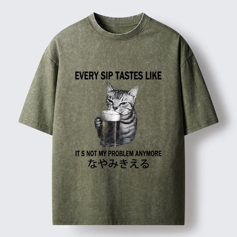 Tokyo-Tiger Chill Beer Cat Relax Graphic Washed T-Shirt