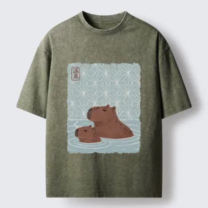 Tokyo-Tiger Onsen Capybara Calming Art Washed T-Shirt