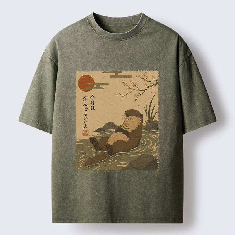 Tokyo-Tiger Floating Otter Relax Japanese Art Washed T-Shirt