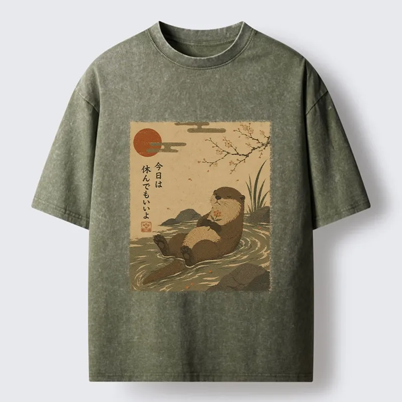 Tokyo-Tiger Floating Otter Relax Japanese Art Washed T-Shirt