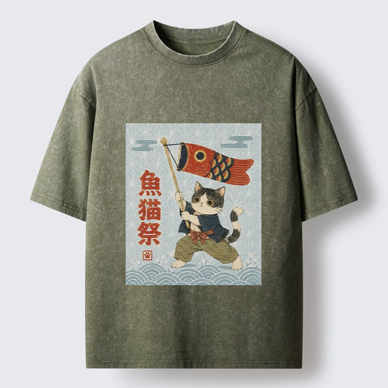 Tokyo-Tiger Koinobori Festival Cat Japanese Print Washed T-Shirt