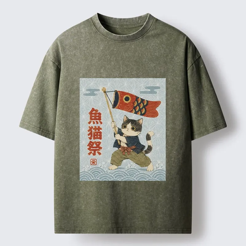 Tokyo-Tiger Koinobori Festival Cat Japanese Print Washed T-Shirt