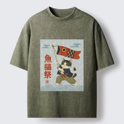 Tokyo-Tiger Koinobori Festival Cat Japanese Print Washed T-Shirt