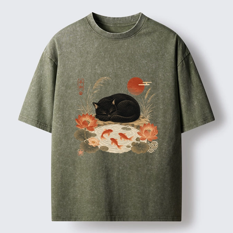 Tokyo-Tiger Peace Lotus Black Cat Koi Art Washed T-Shirt