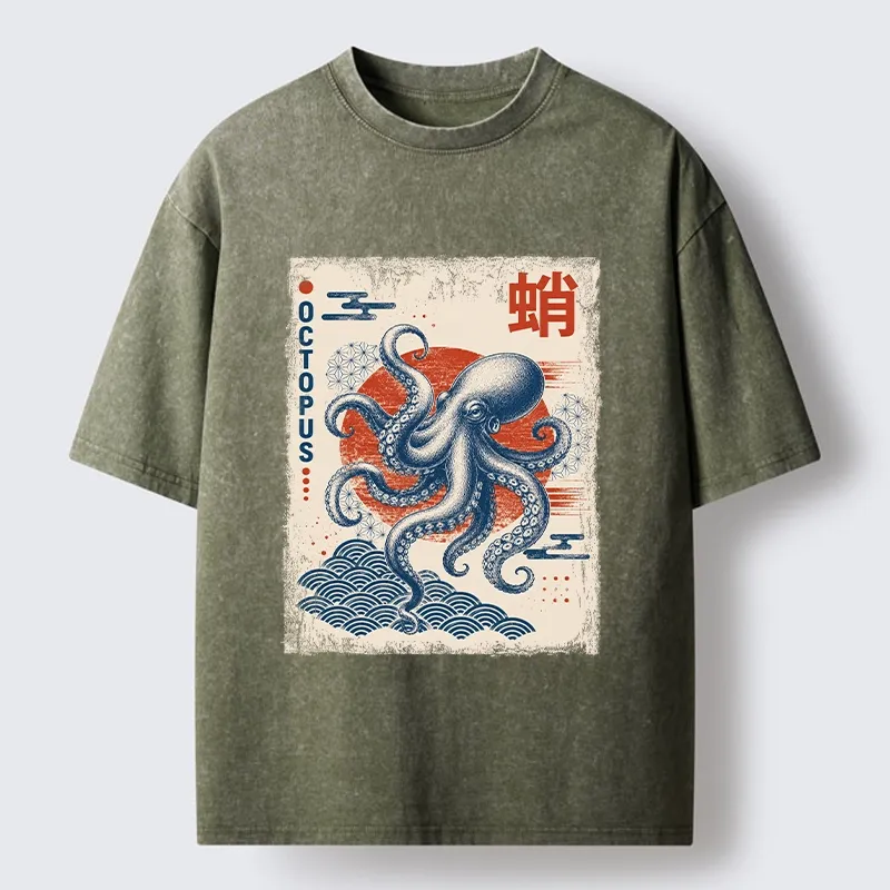 Tokyo-Tiger Vintage Japanese Octopus Wave Art Washed T-Shirt