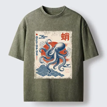 Tokyo-Tiger Vintage Japanese Octopus Wave Art Washed T-Shirt