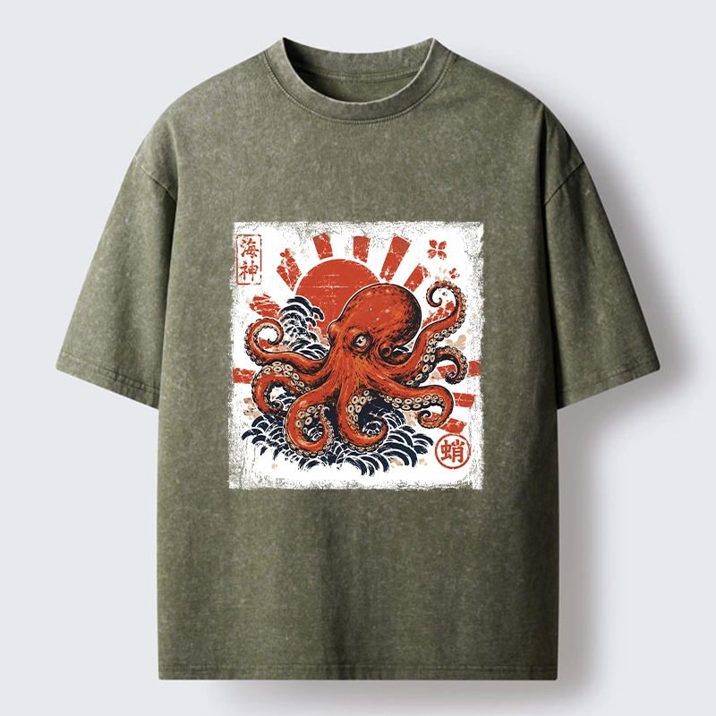 Tokyo-Tiger Bold Red Ocean Octopus Graphic Washed T-Shirt