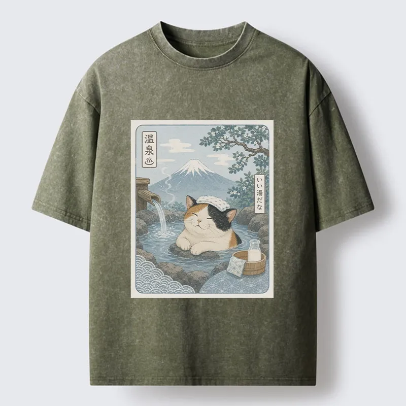 Tokyo-Tiger Mount Fuji Onsen Cat Calming Art Washed T-Shirt
