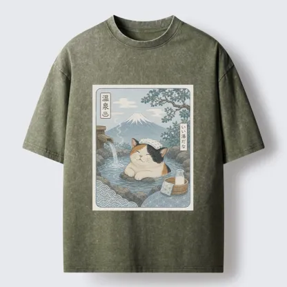 Tokyo-Tiger Mount Fuji Onsen Cat Calming Art Washed T-Shirt