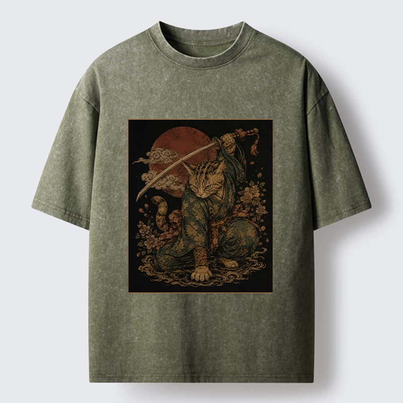 Tokyo-Tiger Samurai Cat Sword Floral Japanese Art Washed T-Shirt