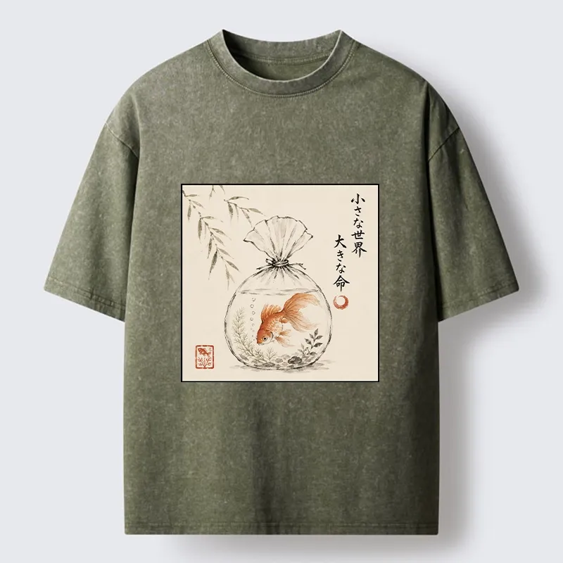 Tokyo-Tiger Goldfish Bag Minimal Ink Art Washed T-Shirt