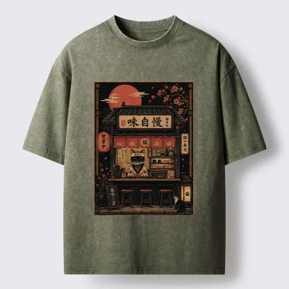 Tokyo-Tiger Cat Sushi Shop Retro Street Art Washed T-Shirt