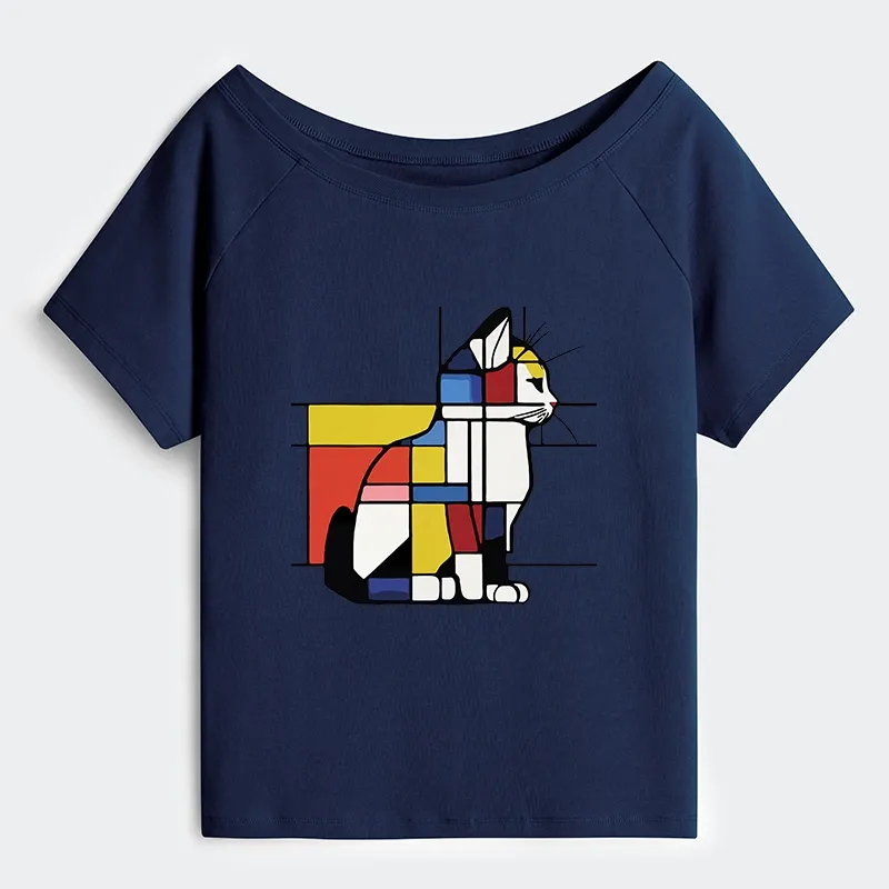 Tokyo-Tiger Geometric Cat Art In Primary Colors Off Shoulder T-Shirt