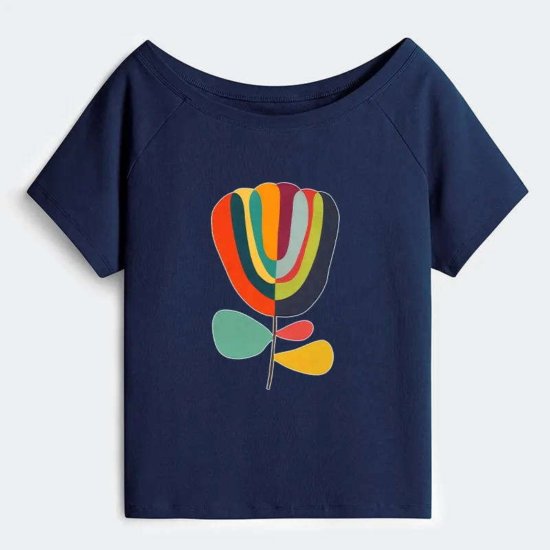 Tokyo-Tiger Colorful Flower Minimalist Print Off Shoulder T-Shirt Sale