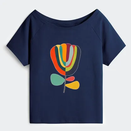 Tokyo-Tiger Colorful Flower Minimalist Print Off Shoulder T-Shirt