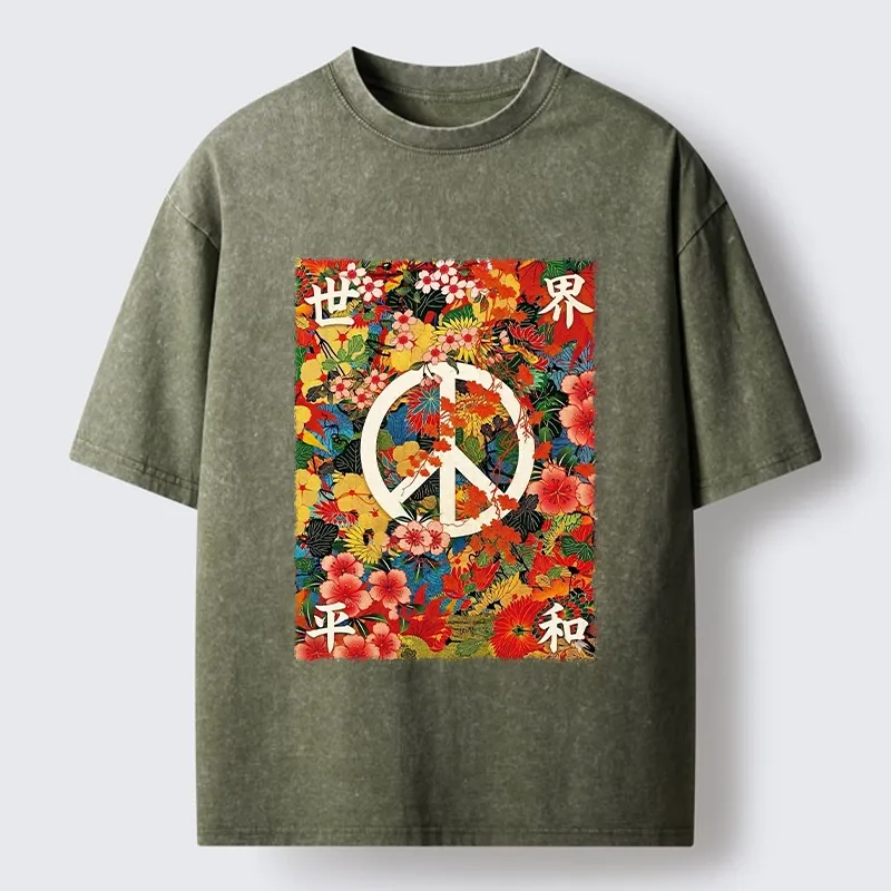 Tokyo-Tiger Bright Blooms Bring Global Calm Peace Washed T-Shirt