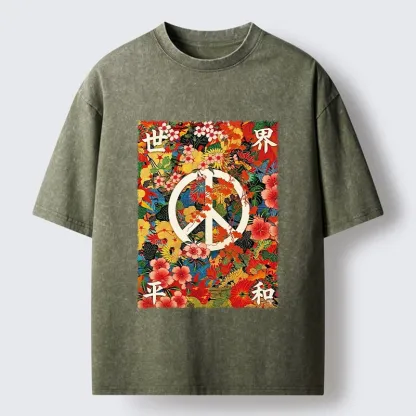 Tokyo-Tiger Bright Blooms Bring Global Calm Peace Washed T-Shirt