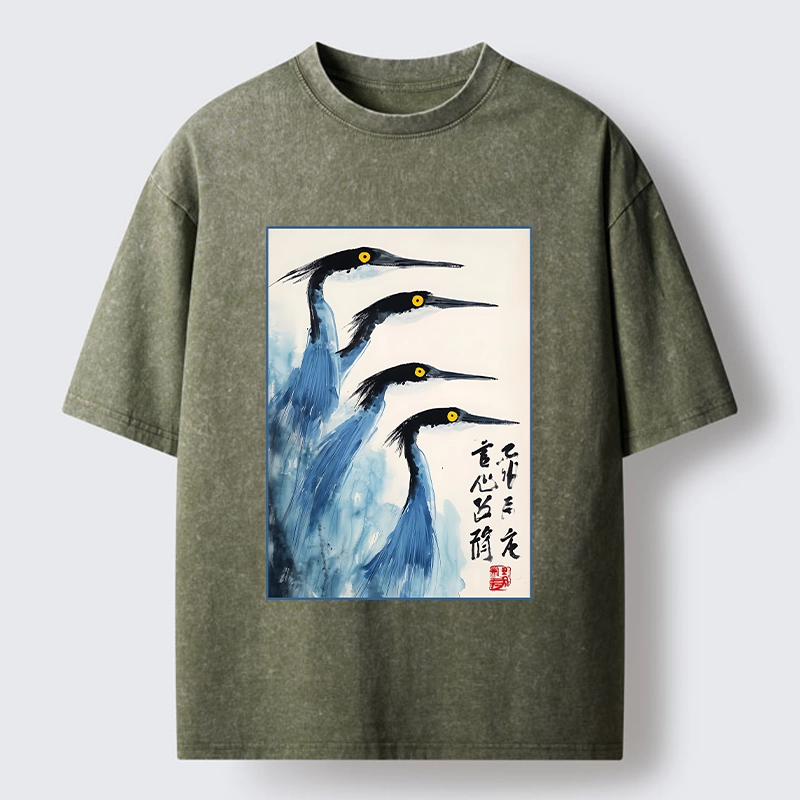 Tokyo-Tiger Brush Strokes Draw Graceful Water Birds Washed T-Shirt