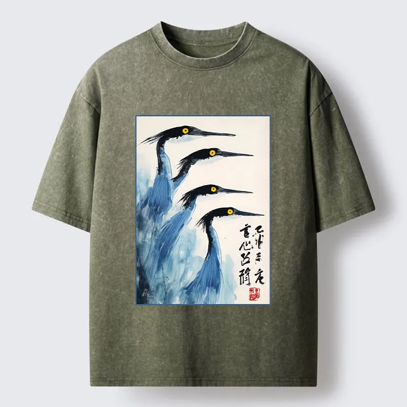 Tokyo-Tiger Brush Strokes Draw Graceful Water Birds Washed T-Shirt